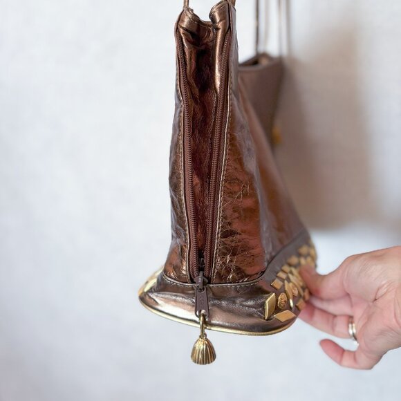 Dawli Vintage Studed Genuine Leather Made In U.S.A.Crossbody Purse Bag Rose Gold - Picture 6 of 12